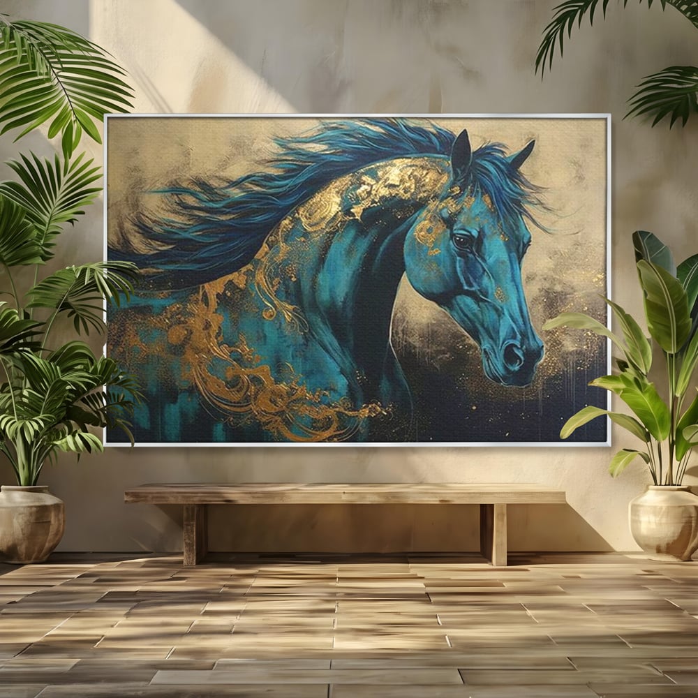 Tablou Canvas Premium, LuxCanva® M1335, Epopee Albastra, Cal, Animal, Coama, Galop, Auriu, Portret, Elegant, Dinamic, Gratios, Artistic, Pictura, Birou, Living, Camera Copil