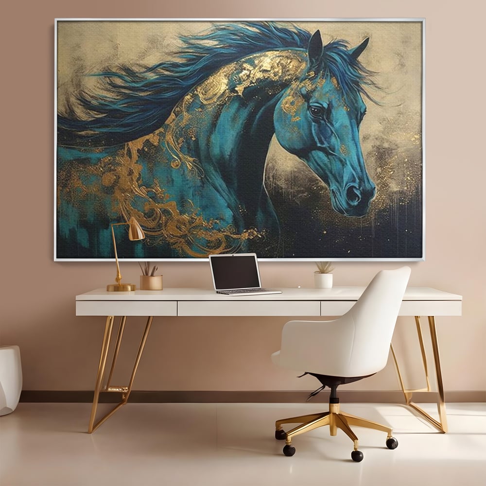 Tablou Canvas Premium, LuxCanva® M1335, Epopee Albastra, Cal, Animal, Coama, Galop, Auriu, Portret, Elegant, Dinamic, Gratios, Artistic, Pictura, Birou, Living, Camera Copil