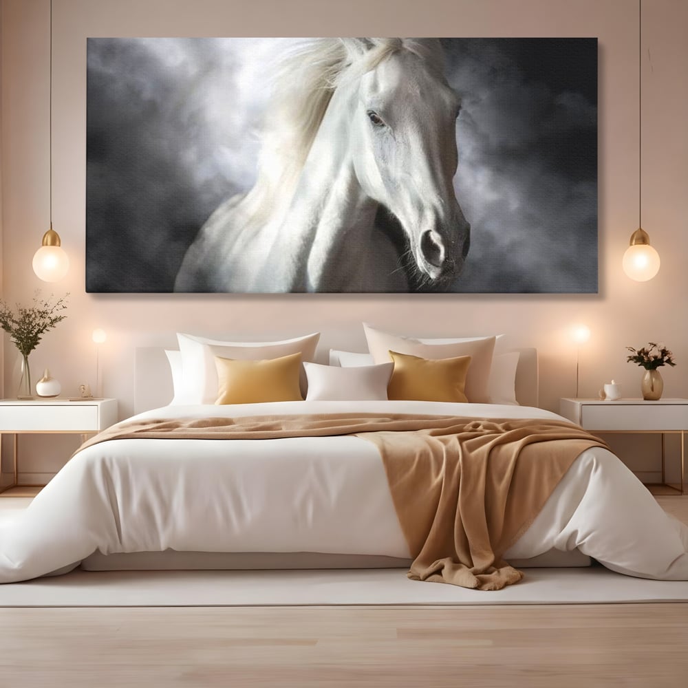 Tablou Canvas Premium, LuxCanva® M1336, Galop deasupra Norilor, Lumina, Nori, Puritate, Cal, Alb, Salbatic, Animal, Mister, Eleganta, Dramatic, Birou, Living, Camera Copil