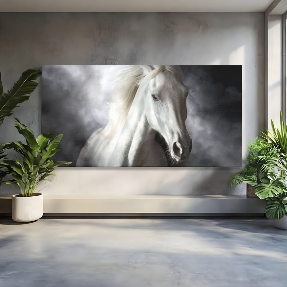 Tablou Canvas Premium, LuxCanva® M1336, Galop deasupra Norilor, Lumina, Nori, Puritate, Cal, Alb, Salbatic, Animal, Mister, Eleganta, Dramatic, Birou, Living, Camera Copil