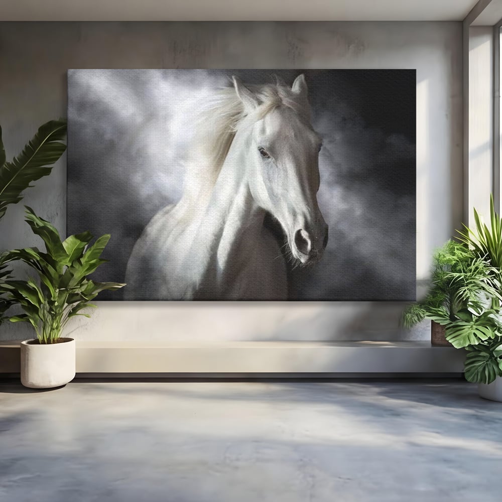 Tablou Canvas Premium, LuxCanva® M1336, Galop deasupra Norilor, Lumina, Nori, Puritate, Cal, Alb, Salbatic, Animal, Mister, Eleganta, Dramatic, Birou, Living, Camera Copil