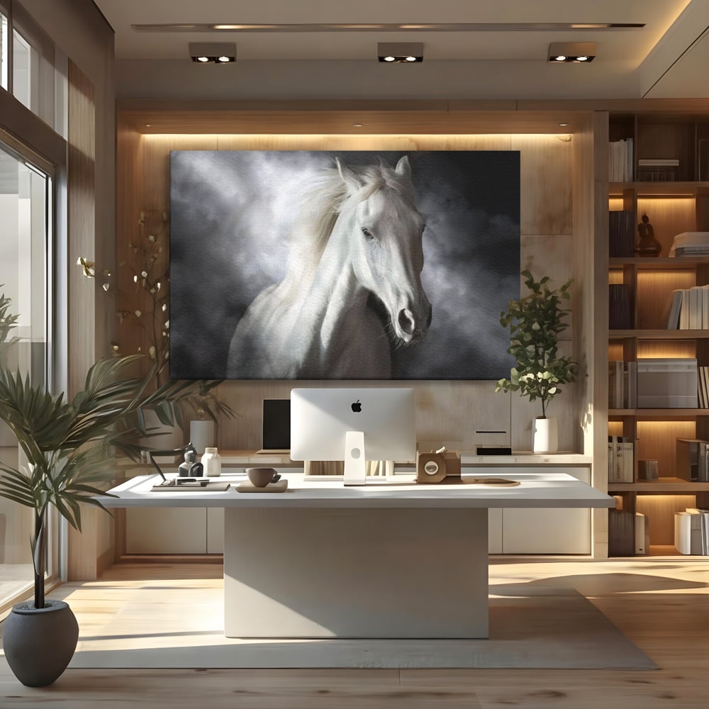 Tablou Canvas Premium, LuxCanva® M1336, Galop deasupra Norilor, Lumina, Nori, Puritate, Cal, Alb, Salbatic, Animal, Mister, Eleganta, Dramatic, Birou, Living, Camera Copil