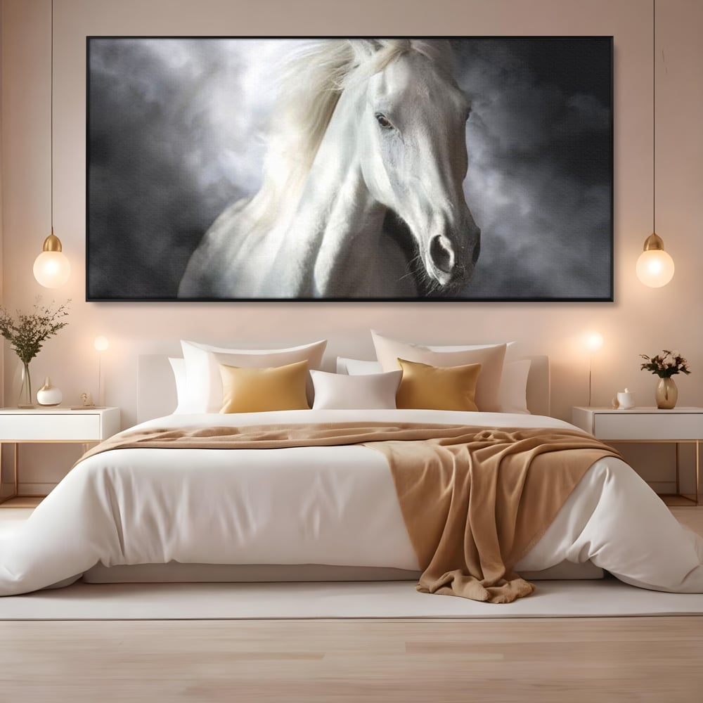 Tablou Canvas Premium, LuxCanva® M1336, Galop deasupra Norilor, Lumina, Nori, Puritate, Cal, Alb, Salbatic, Animal, Mister, Eleganta, Dramatic, Birou, Living, Camera Copil