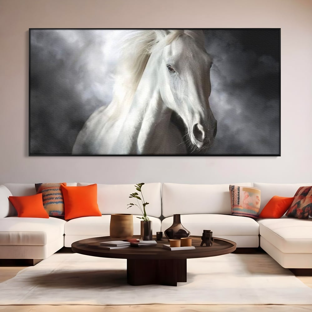 Tablou Canvas Premium, LuxCanva® M1336, Galop deasupra Norilor, Lumina, Nori, Puritate, Cal, Alb, Salbatic, Animal, Mister, Eleganta, Dramatic, Birou, Living, Camera Copil