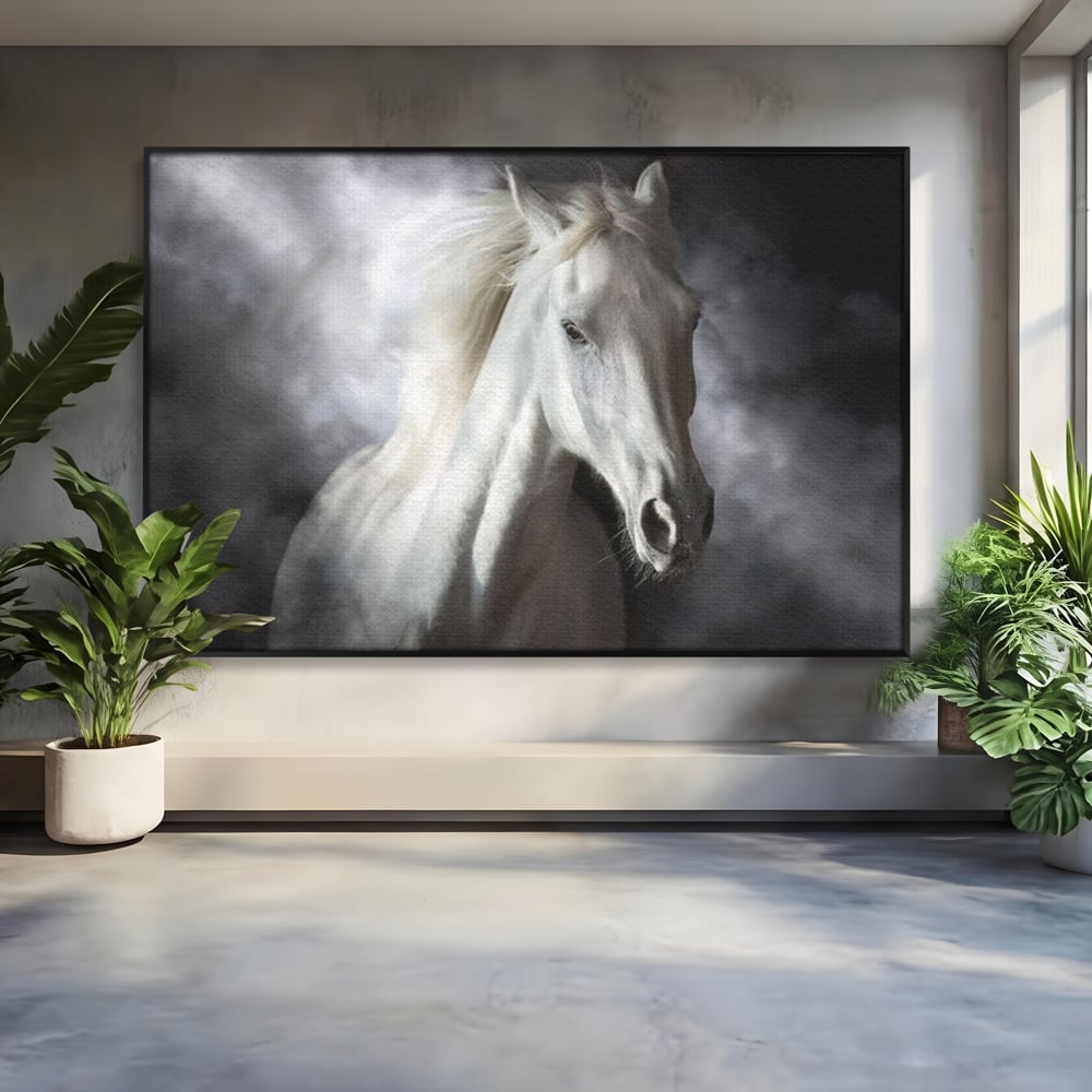Tablou Canvas Premium, LuxCanva® M1336, Galop deasupra Norilor, Lumina, Nori, Puritate, Cal, Alb, Salbatic, Animal, Mister, Eleganta, Dramatic, Birou, Living, Camera Copil