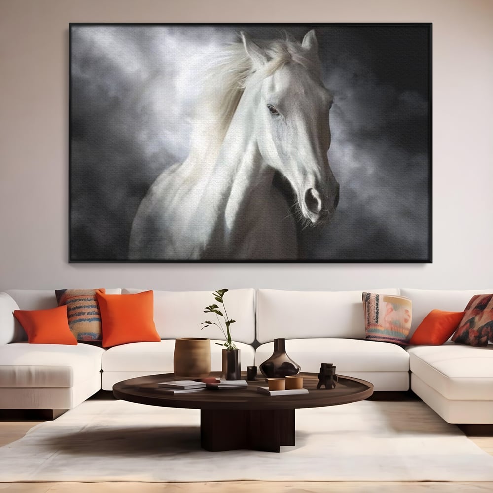 Tablou Canvas Premium, LuxCanva® M1336, Galop deasupra Norilor, Lumina, Nori, Puritate, Cal, Alb, Salbatic, Animal, Mister, Eleganta, Dramatic, Birou, Living, Camera Copil