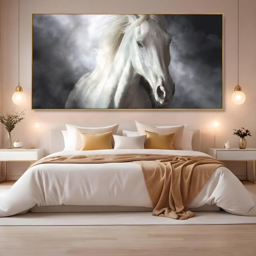 Tablou Canvas Premium, LuxCanva® M1336, Galop deasupra Norilor, Lumina, Nori, Puritate, Cal, Alb, Salbatic, Animal, Mister, Eleganta, Dramatic, Birou, Living, Camera Copil