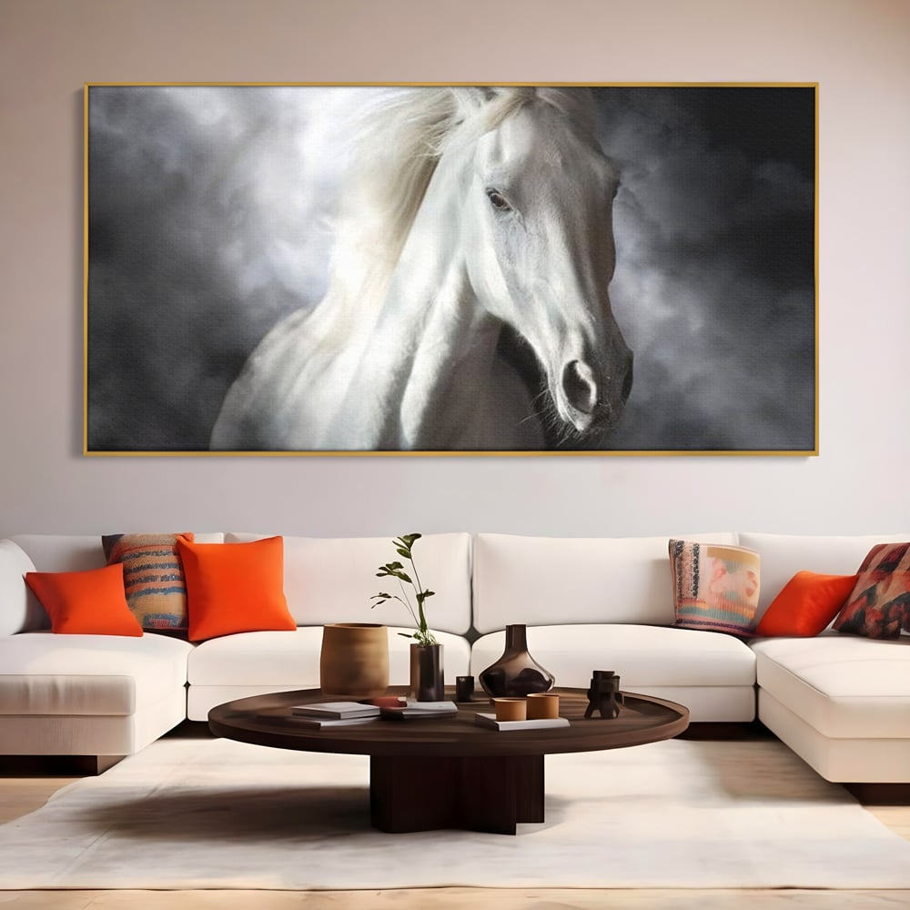 Tablou Canvas Premium, LuxCanva® M1336, Galop deasupra Norilor, Lumina, Nori, Puritate, Cal, Alb, Salbatic, Animal, Mister, Eleganta, Dramatic, Birou, Living, Camera Copil