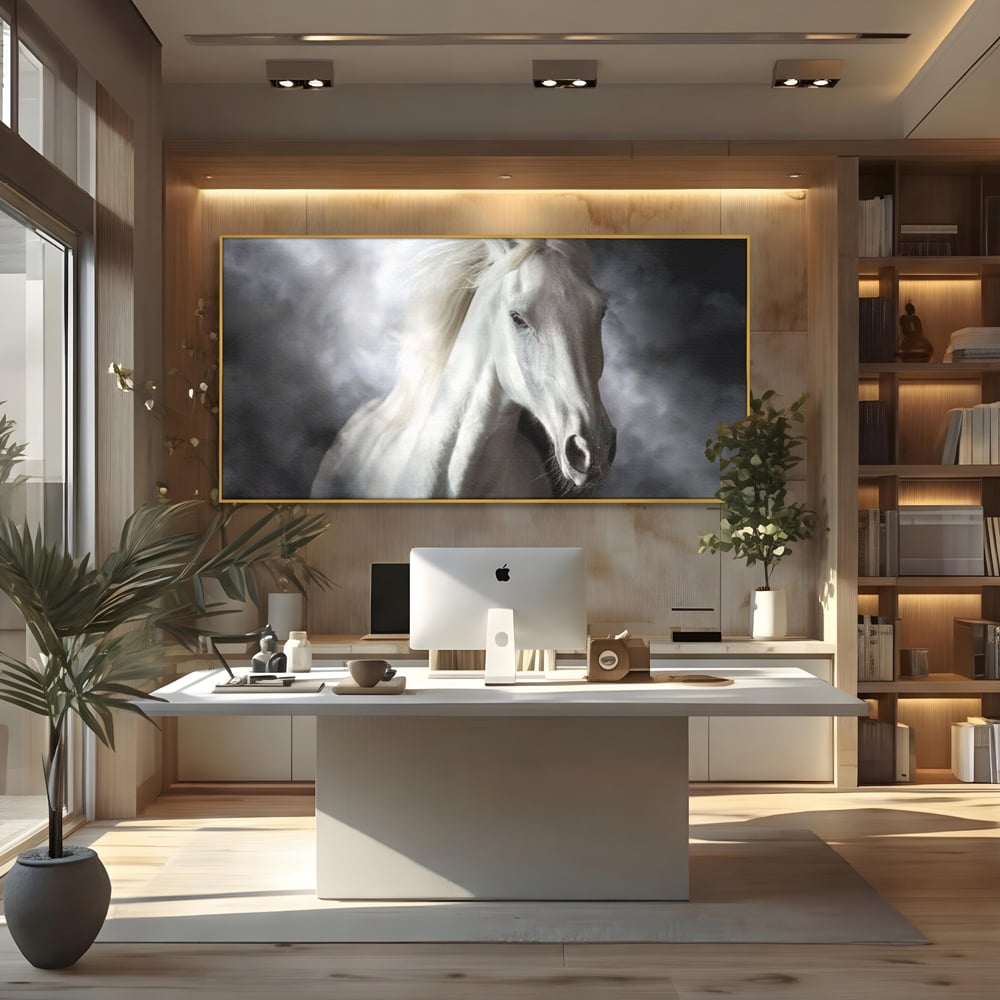Tablou Canvas Premium, LuxCanva® M1336, Galop deasupra Norilor, Lumina, Nori, Puritate, Cal, Alb, Salbatic, Animal, Mister, Eleganta, Dramatic, Birou, Living, Camera Copil