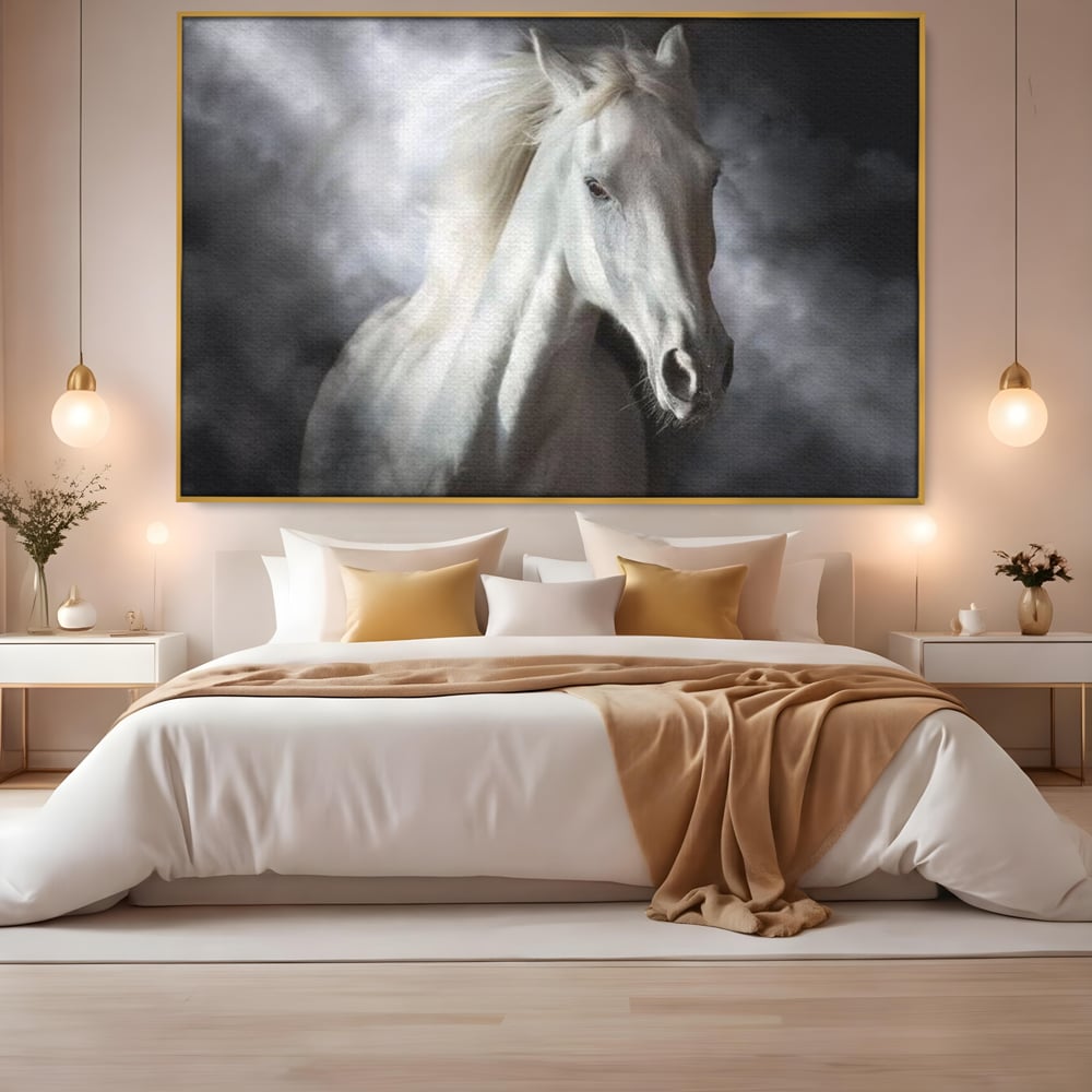 Tablou Canvas Premium, LuxCanva® M1336, Galop deasupra Norilor, Lumina, Nori, Puritate, Cal, Alb, Salbatic, Animal, Mister, Eleganta, Dramatic, Birou, Living, Camera Copil