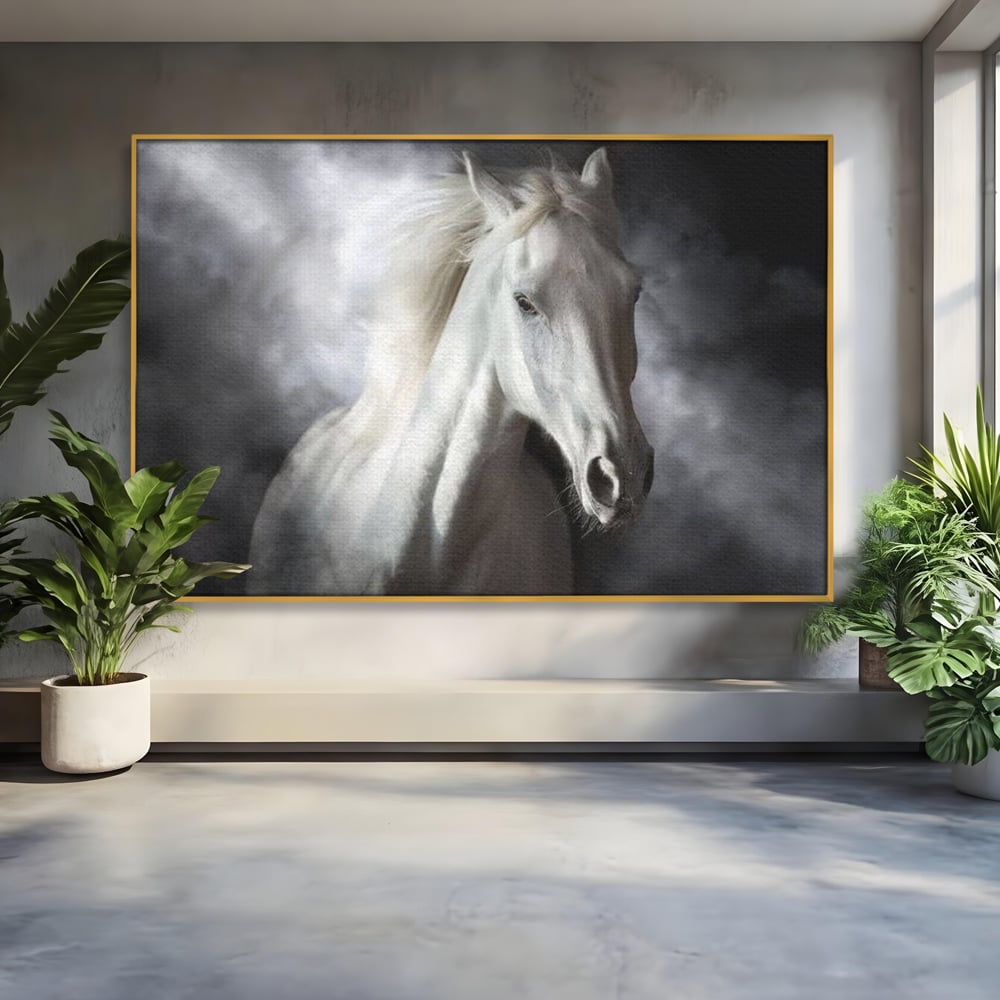 Tablou Canvas Premium, LuxCanva® M1336, Galop deasupra Norilor, Lumina, Nori, Puritate, Cal, Alb, Salbatic, Animal, Mister, Eleganta, Dramatic, Birou, Living, Camera Copil