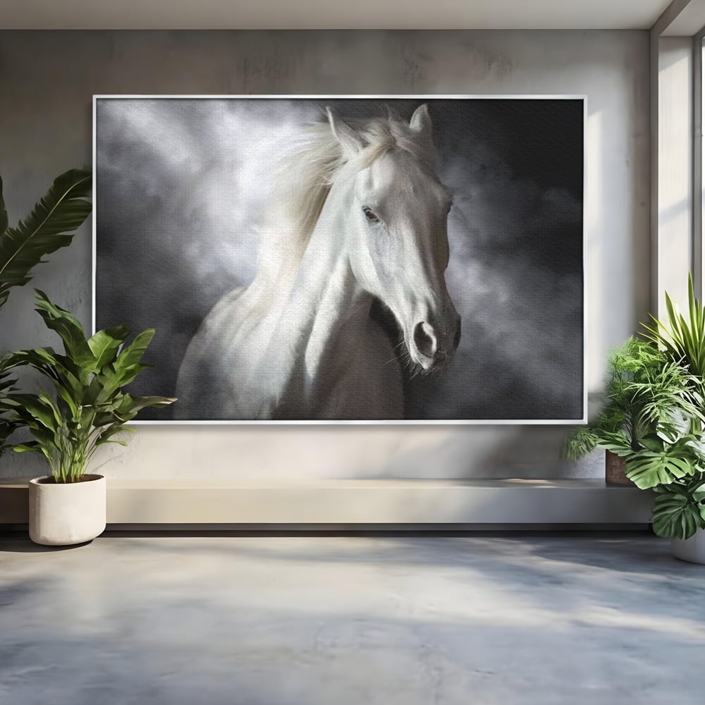 Tablou Canvas Premium, LuxCanva® M1336, Galop deasupra Norilor, Lumina, Nori, Puritate, Cal, Alb, Salbatic, Animal, Mister, Eleganta, Dramatic, Birou, Living, Camera Copil