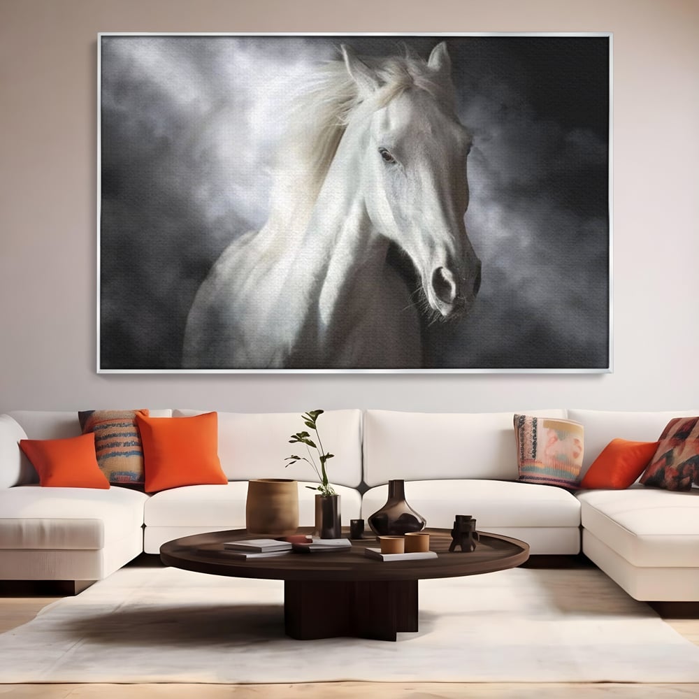 Tablou Canvas Premium, LuxCanva® M1336, Galop deasupra Norilor, Lumina, Nori, Puritate, Cal, Alb, Salbatic, Animal, Mister, Eleganta, Dramatic, Birou, Living, Camera Copil