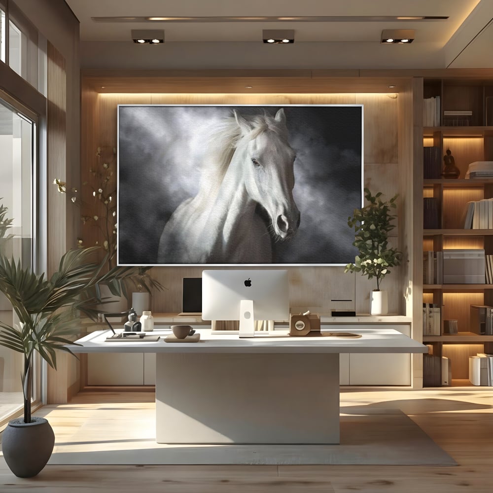 Tablou Canvas Premium, LuxCanva® M1336, Galop deasupra Norilor, Lumina, Nori, Puritate, Cal, Alb, Salbatic, Animal, Mister, Eleganta, Dramatic, Birou, Living, Camera Copil