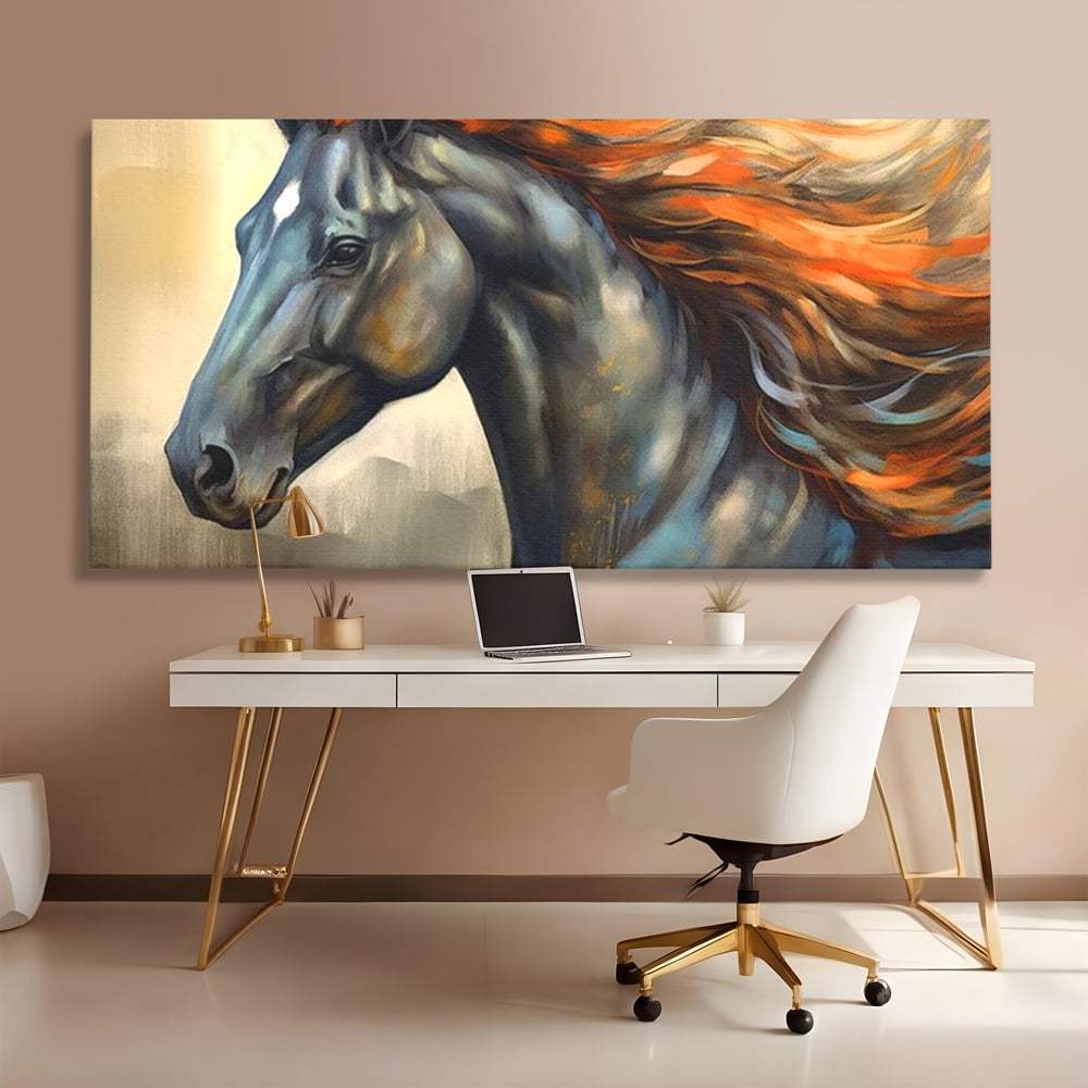 Leinwand Wandkunst Canvas Premium, LuxCanva® M1337, Night Thrill, Mähne, Pferd, Gemälde, Schwarz, Flammen, Galopp, Bewegung, anmutig, wild, Büro, Wohnen, Kinderzimmer