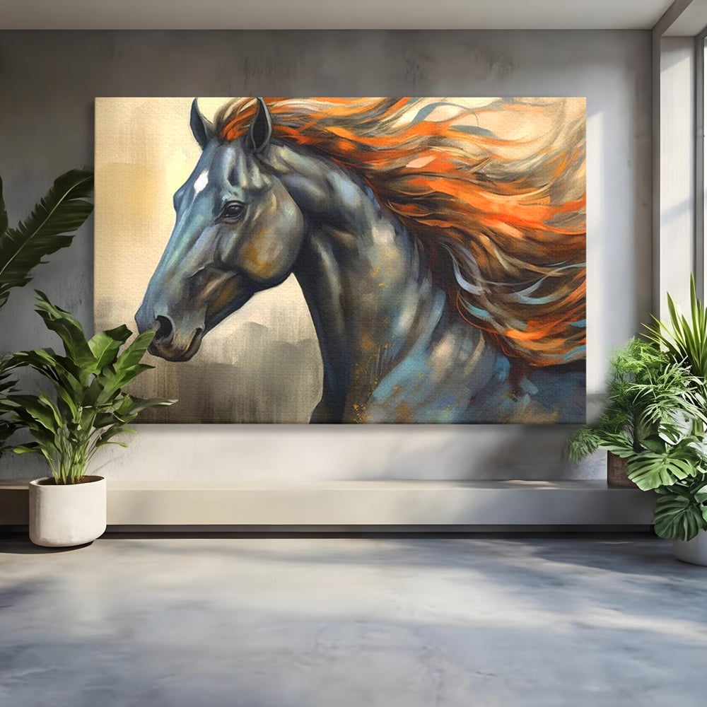 Leinwand Wandkunst Canvas Premium, LuxCanva® M1337, Night Thrill, Mähne, Pferd, Gemälde, Schwarz, Flammen, Galopp, Bewegung, anmutig, wild, Büro, Wohnen, Kinderzimmer