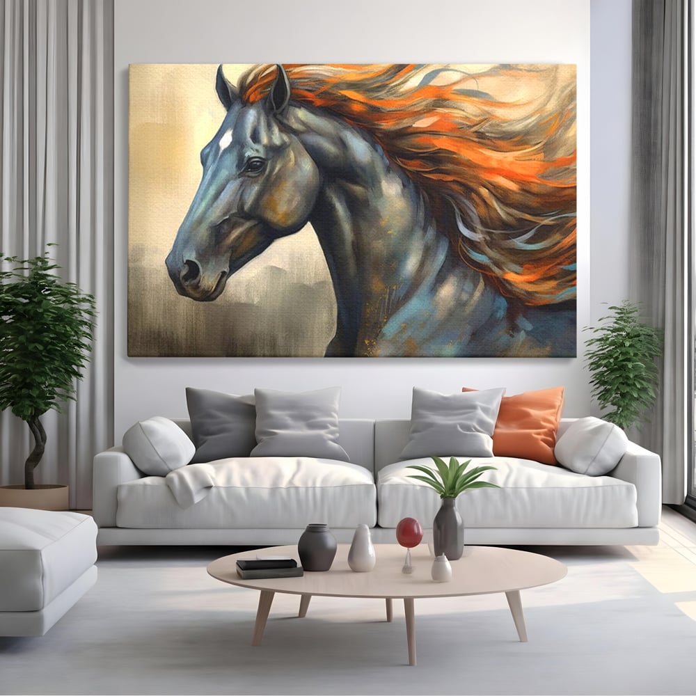 Leinwand Wandkunst Canvas Premium, LuxCanva® M1337, Night Thrill, Mähne, Pferd, Gemälde, Schwarz, Flammen, Galopp, Bewegung, anmutig, wild, Büro, Wohnen, Kinderzimmer