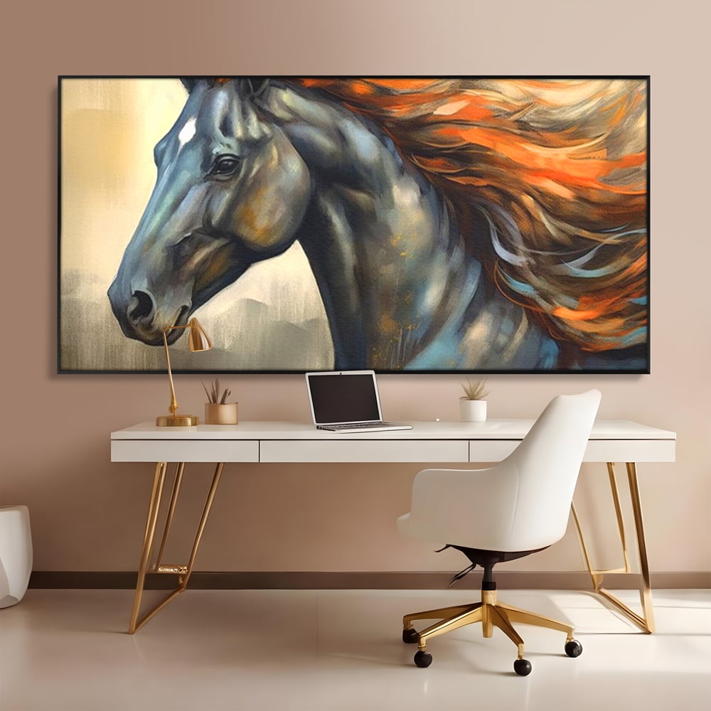 Leinwand Wandkunst Canvas Premium, LuxCanva® M1337, Night Thrill, Mähne, Pferd, Gemälde, Schwarz, Flammen, Galopp, Bewegung, anmutig, wild, Büro, Wohnen, Kinderzimmer