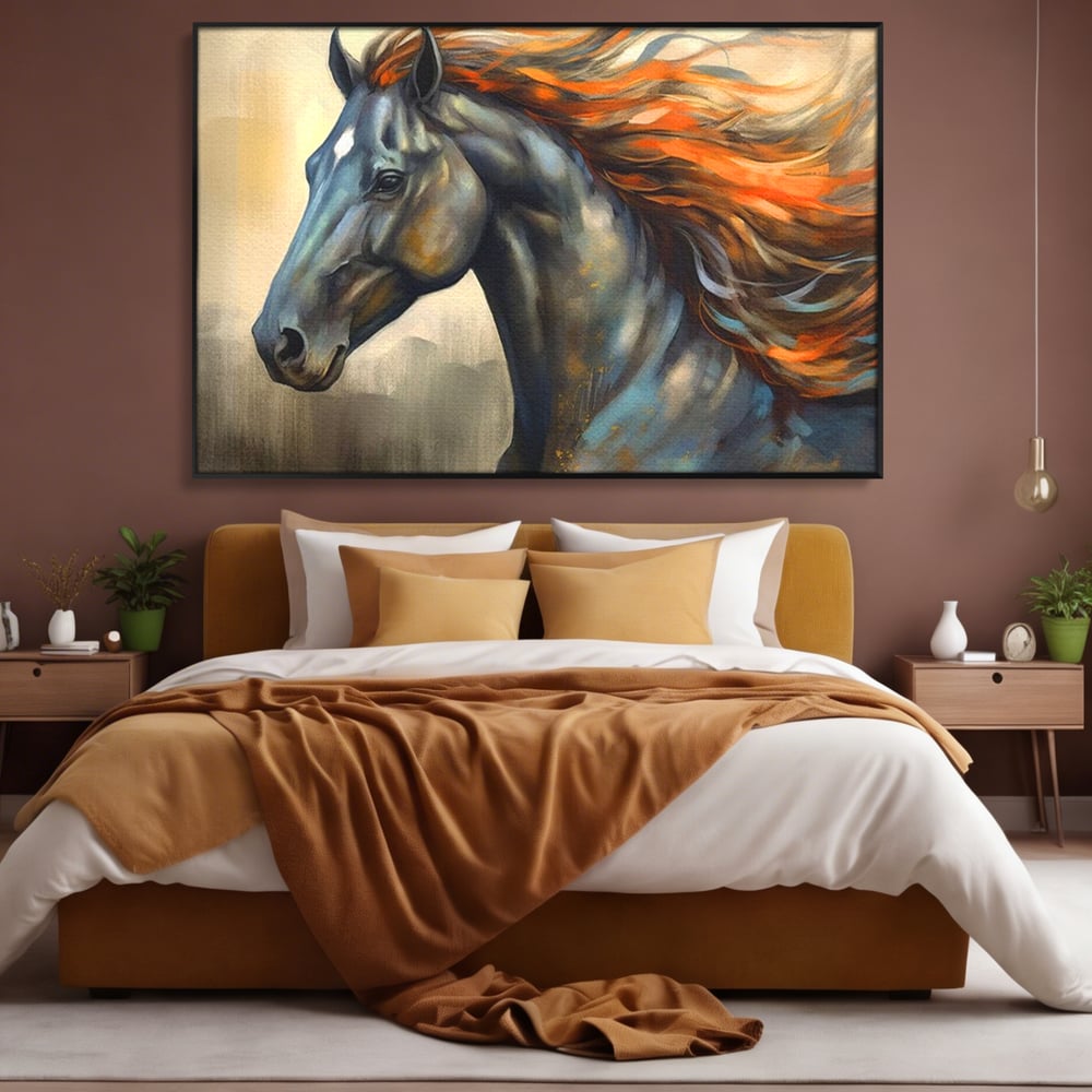 Leinwand Wandkunst Canvas Premium, LuxCanva® M1337, Night Thrill, Mähne, Pferd, Gemälde, Schwarz, Flammen, Galopp, Bewegung, anmutig, wild, Büro, Wohnen, Kinderzimmer