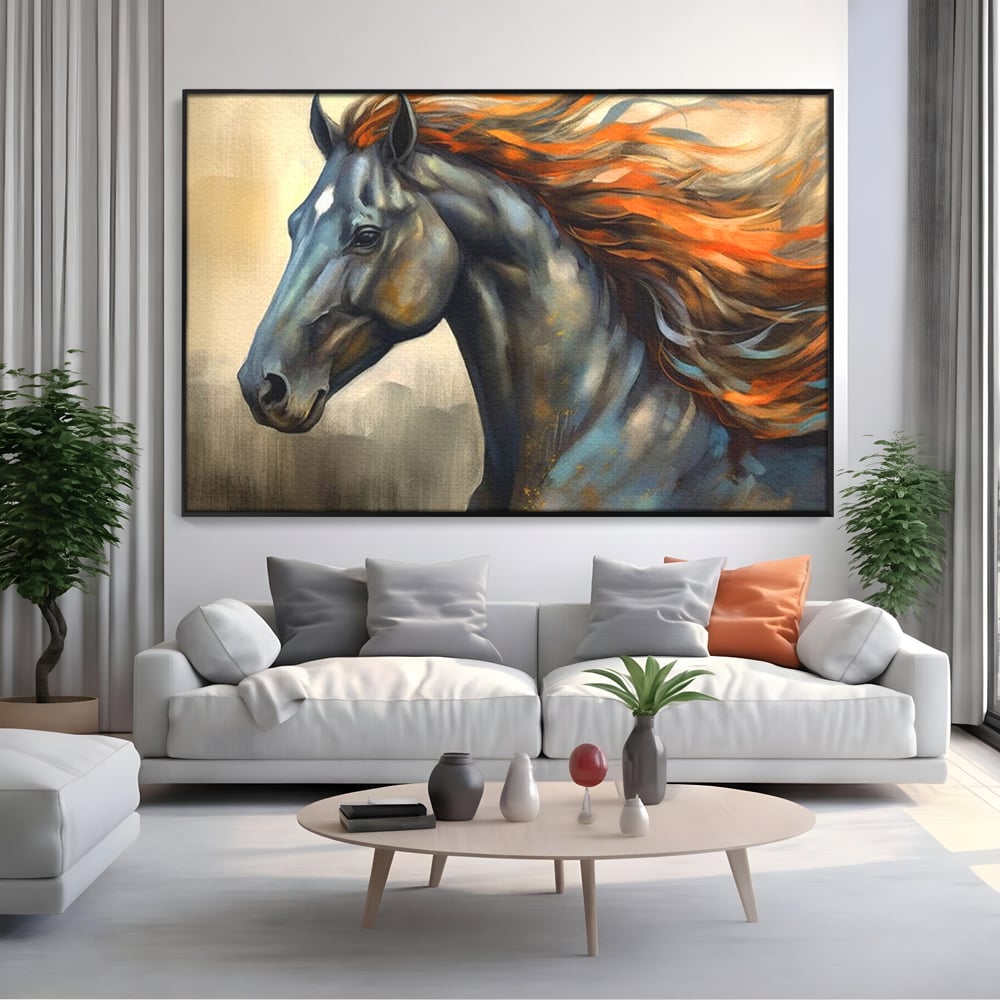 Leinwand Wandkunst Canvas Premium, LuxCanva® M1337, Night Thrill, Mähne, Pferd, Gemälde, Schwarz, Flammen, Galopp, Bewegung, anmutig, wild, Büro, Wohnen, Kinderzimmer