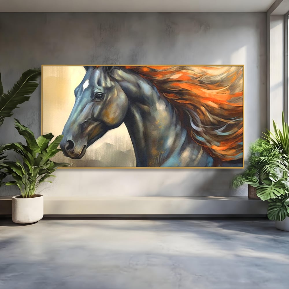 Leinwand Wandkunst Canvas Premium, LuxCanva® M1337, Night Thrill, Mähne, Pferd, Gemälde, Schwarz, Flammen, Galopp, Bewegung, anmutig, wild, Büro, Wohnen, Kinderzimmer