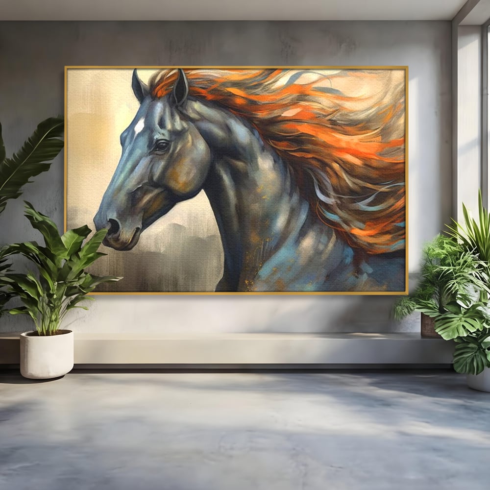 Leinwand Wandkunst Canvas Premium, LuxCanva® M1337, Night Thrill, Mähne, Pferd, Gemälde, Schwarz, Flammen, Galopp, Bewegung, anmutig, wild, Büro, Wohnen, Kinderzimmer