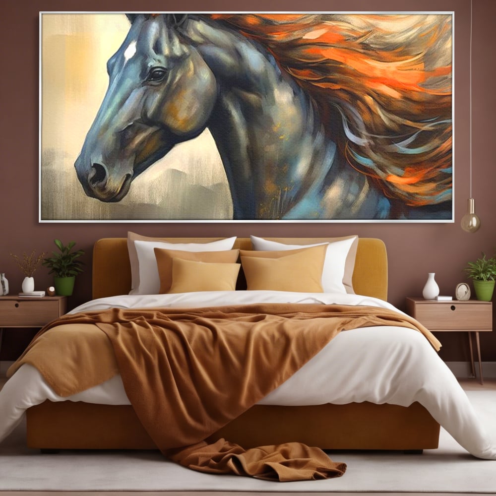 Leinwand Wandkunst Canvas Premium, LuxCanva® M1337, Night Thrill, Mähne, Pferd, Gemälde, Schwarz, Flammen, Galopp, Bewegung, anmutig, wild, Büro, Wohnen, Kinderzimmer