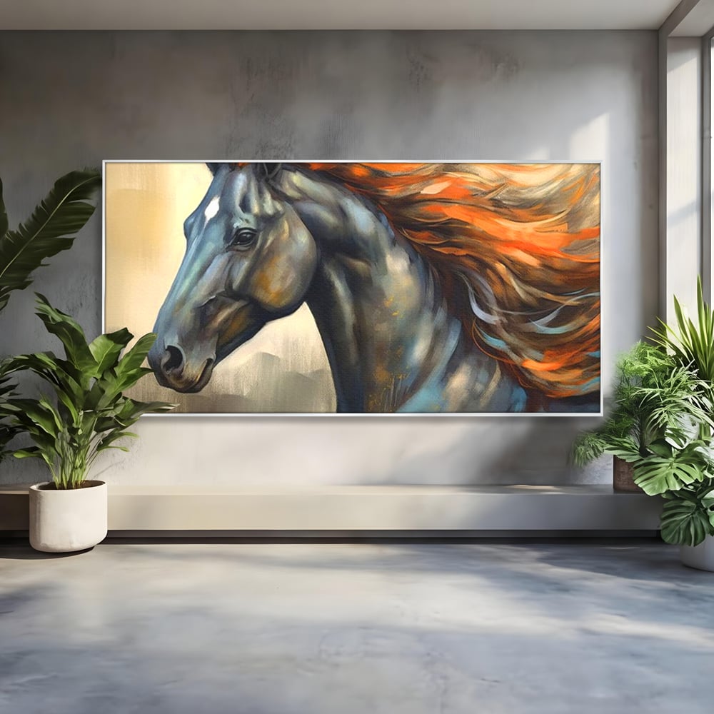 Leinwand Wandkunst Canvas Premium, LuxCanva® M1337, Night Thrill, Mähne, Pferd, Gemälde, Schwarz, Flammen, Galopp, Bewegung, anmutig, wild, Büro, Wohnen, Kinderzimmer