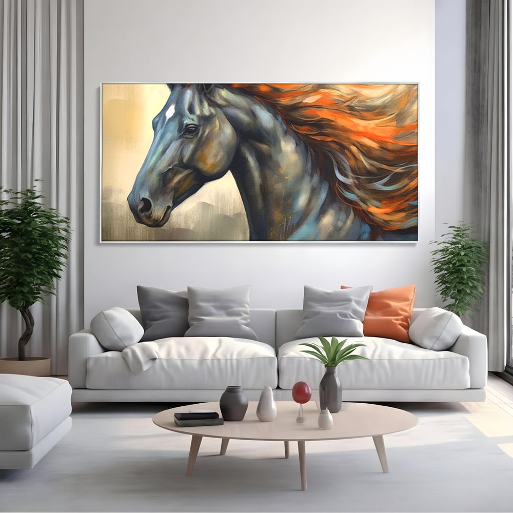 Leinwand Wandkunst Canvas Premium, LuxCanva® M1337, Night Thrill, Mähne, Pferd, Gemälde, Schwarz, Flammen, Galopp, Bewegung, anmutig, wild, Büro, Wohnen, Kinderzimmer
