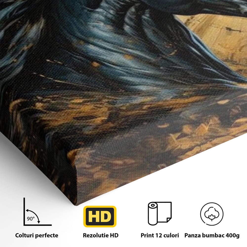 Leinwand Wandkunst Leinwand Premium, LuxCanva® M1338, Im Wirbel der Zeit, Zeit, Finsternis, Gold, Dynamisch, Abstrakte Kunst, Pferd, Mythisch, Mythisch, Griff, Gemälde, Fantastisch, Büro, Wohnen, Kinderzimmer