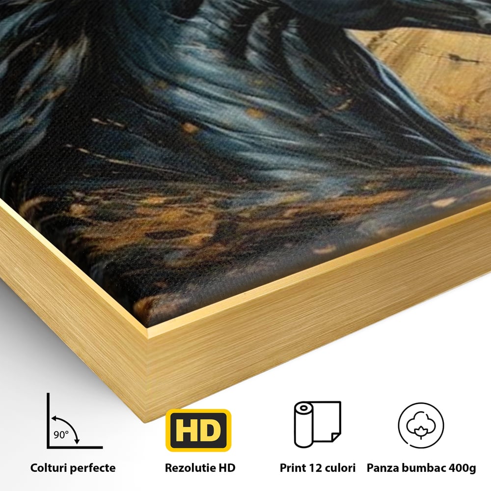 Leinwand Wandkunst Leinwand Premium, LuxCanva® M1338, Im Wirbel der Zeit, Zeit, Finsternis, Gold, Dynamisch, Abstrakte Kunst, Pferd, Mythisch, Mythisch, Griff, Gemälde, Fantastisch, Büro, Wohnen, Kinderzimmer