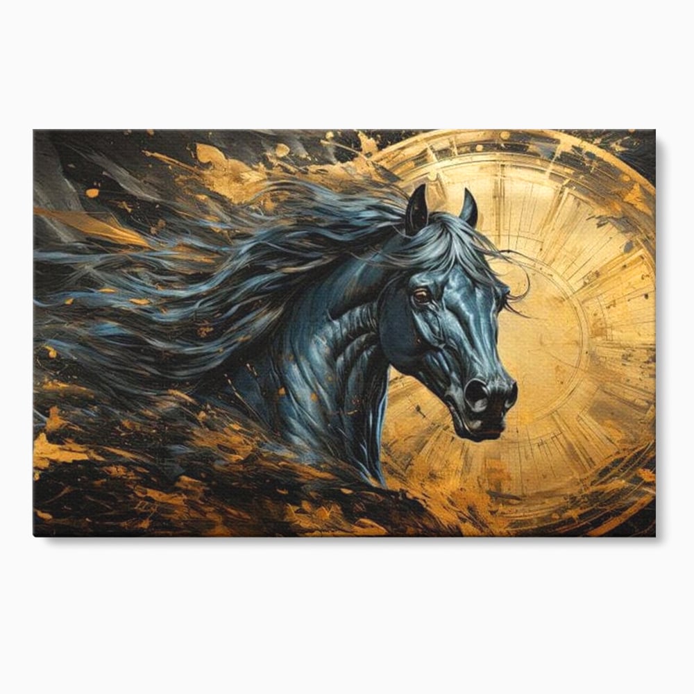 Leinwand Wandkunst Leinwand Premium, LuxCanva® M1338, Im Wirbel der Zeit, Zeit, Finsternis, Gold, Dynamisch, Abstrakte Kunst, Pferd, Mythisch, Mythisch, Griff, Gemälde, Fantastisch, Büro, Wohnen, Kinderzimmer