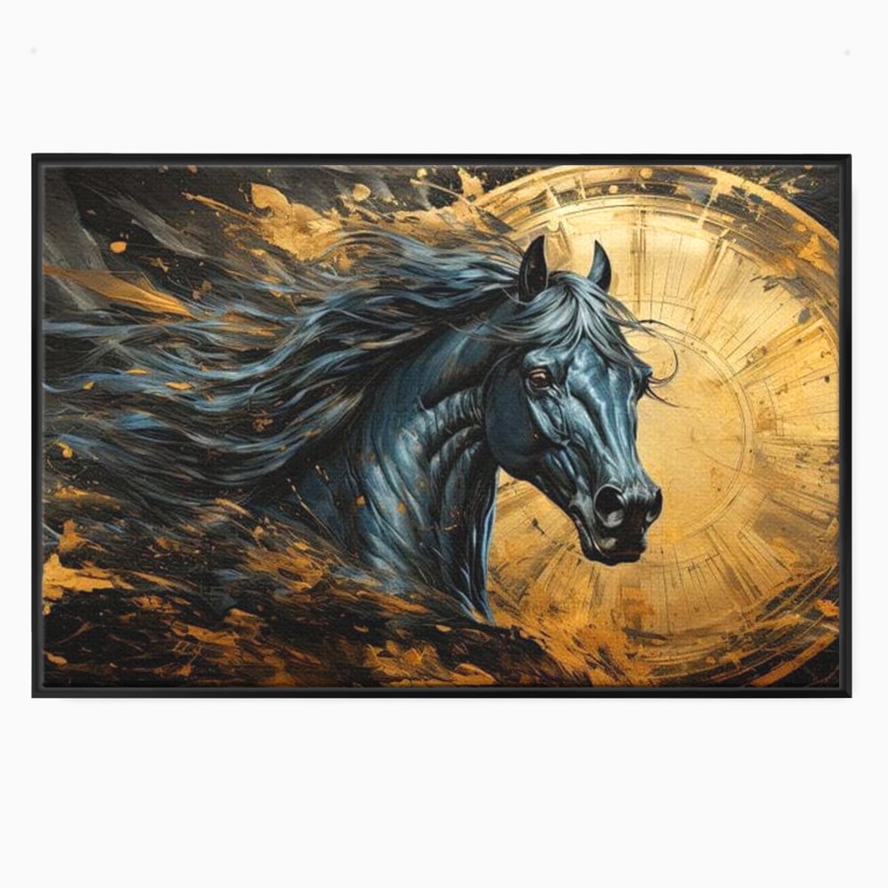 Leinwand Wandkunst Leinwand Premium, LuxCanva® M1338, Im Wirbel der Zeit, Zeit, Finsternis, Gold, Dynamisch, Abstrakte Kunst, Pferd, Mythisch, Mythisch, Griff, Gemälde, Fantastisch, Büro, Wohnen, Kinderzimmer