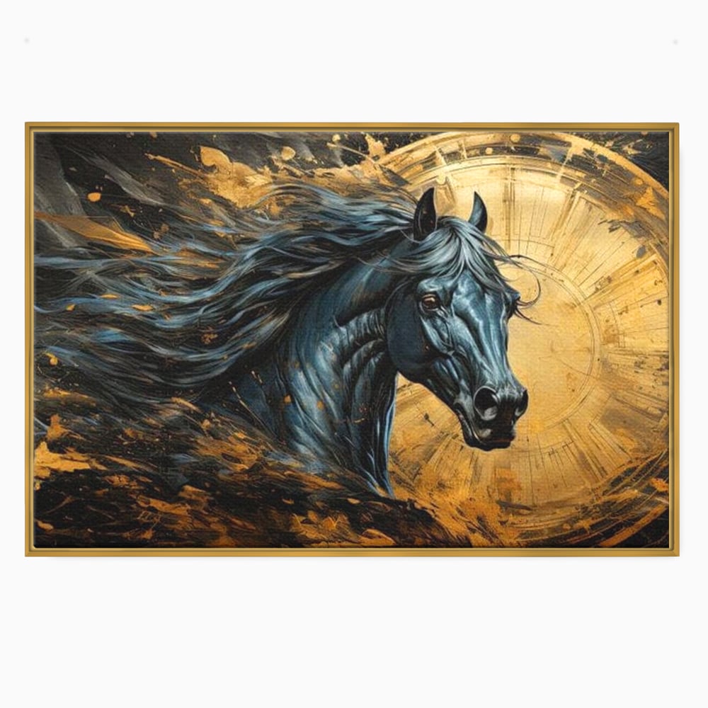 Leinwand Wandkunst Leinwand Premium, LuxCanva® M1338, Im Wirbel der Zeit, Zeit, Finsternis, Gold, Dynamisch, Abstrakte Kunst, Pferd, Mythisch, Mythisch, Griff, Gemälde, Fantastisch, Büro, Wohnen, Kinderzimmer