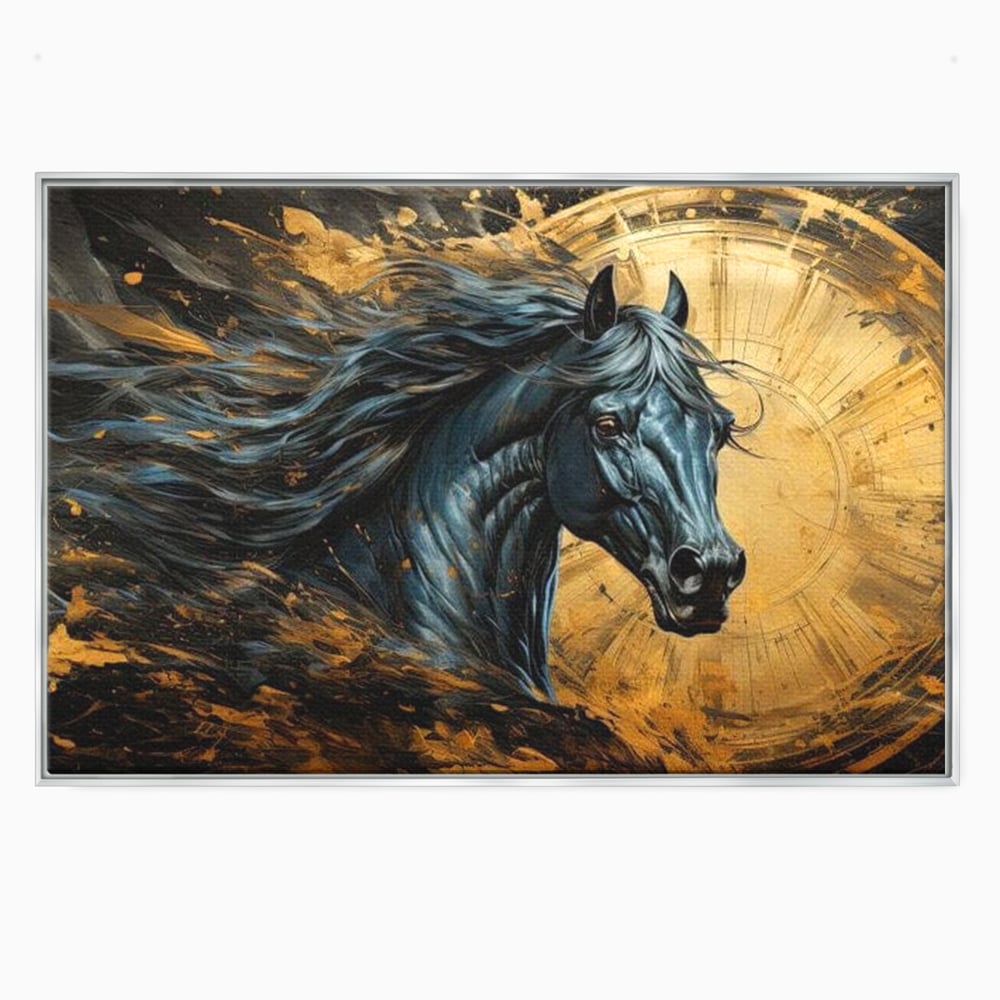 Leinwand Wandkunst Leinwand Premium, LuxCanva® M1338, Im Wirbel der Zeit, Zeit, Finsternis, Gold, Dynamisch, Abstrakte Kunst, Pferd, Mythisch, Mythisch, Griff, Gemälde, Fantastisch, Büro, Wohnen, Kinderzimmer