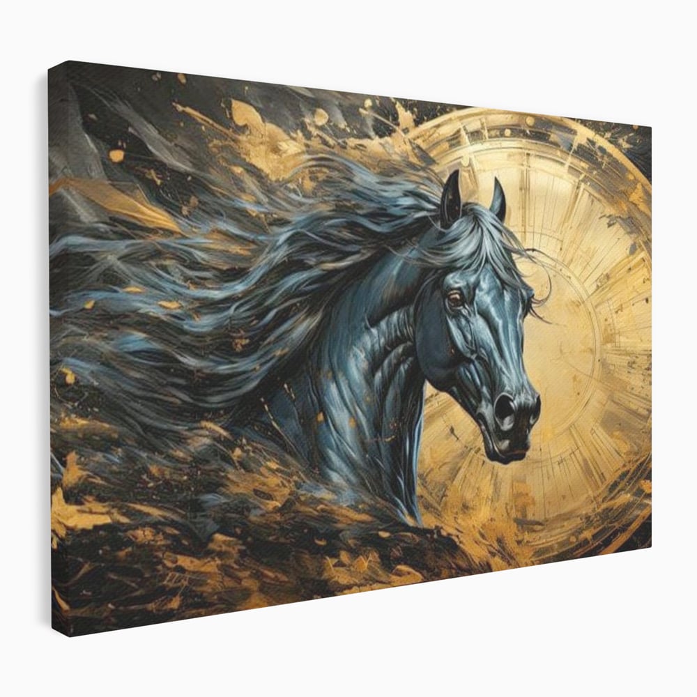 Leinwand Wandkunst Leinwand Premium, LuxCanva® M1338, Im Wirbel der Zeit, Zeit, Finsternis, Gold, Dynamisch, Abstrakte Kunst, Pferd, Mythisch, Mythisch, Griff, Gemälde, Fantastisch, Büro, Wohnen, Kinderzimmer
