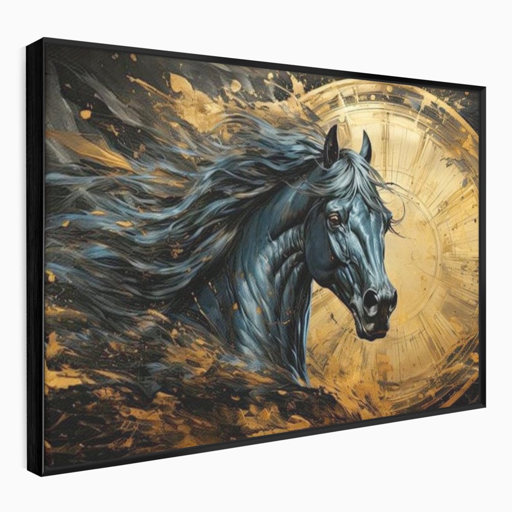 Leinwand Wandkunst Leinwand Premium, LuxCanva® M1338, Im Wirbel der Zeit, Zeit, Finsternis, Gold, Dynamisch, Abstrakte Kunst, Pferd, Mythisch, Mythisch, Griff, Gemälde, Fantastisch, Büro, Wohnen, Kinderzimmer