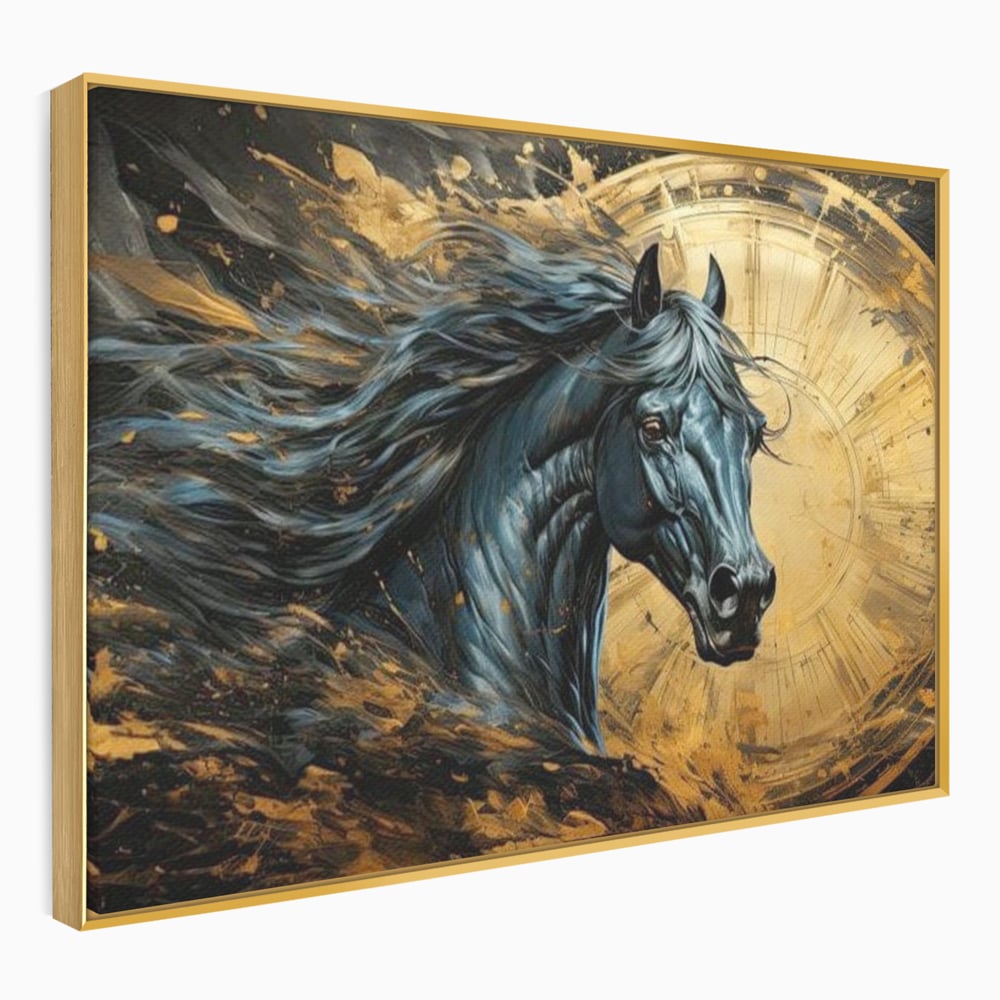 Leinwand Wandkunst Leinwand Premium, LuxCanva® M1338, Im Wirbel der Zeit, Zeit, Finsternis, Gold, Dynamisch, Abstrakte Kunst, Pferd, Mythisch, Mythisch, Griff, Gemälde, Fantastisch, Büro, Wohnen, Kinderzimmer