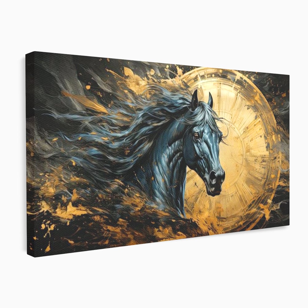 Leinwand Wandkunst Leinwand Premium, LuxCanva® M1338, Im Wirbel der Zeit, Zeit, Finsternis, Gold, Dynamisch, Abstrakte Kunst, Pferd, Mythisch, Mythisch, Griff, Gemälde, Fantastisch, Büro, Wohnen, Kinderzimmer