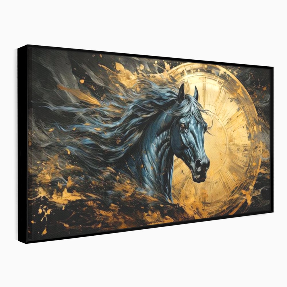 Leinwand Wandkunst Leinwand Premium, LuxCanva® M1338, Im Wirbel der Zeit, Zeit, Finsternis, Gold, Dynamisch, Abstrakte Kunst, Pferd, Mythisch, Mythisch, Griff, Gemälde, Fantastisch, Büro, Wohnen, Kinderzimmer