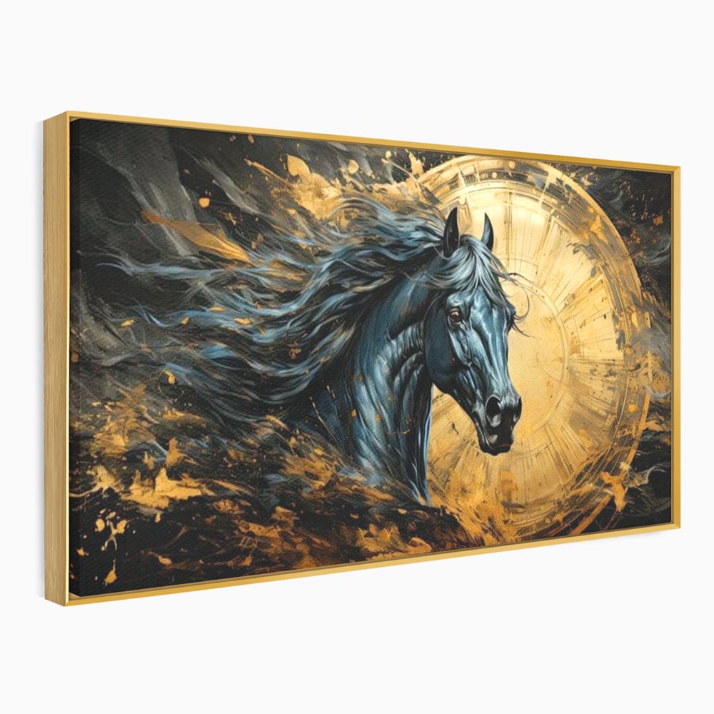 Leinwand Wandkunst Leinwand Premium, LuxCanva® M1338, Im Wirbel der Zeit, Zeit, Finsternis, Gold, Dynamisch, Abstrakte Kunst, Pferd, Mythisch, Mythisch, Griff, Gemälde, Fantastisch, Büro, Wohnen, Kinderzimmer