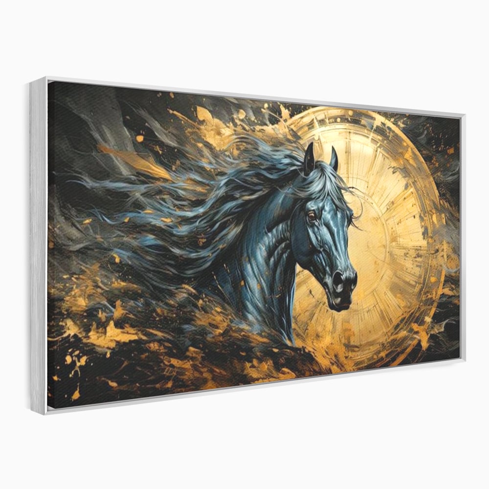 Leinwand Wandkunst Leinwand Premium, LuxCanva® M1338, Im Wirbel der Zeit, Zeit, Finsternis, Gold, Dynamisch, Abstrakte Kunst, Pferd, Mythisch, Mythisch, Griff, Gemälde, Fantastisch, Büro, Wohnen, Kinderzimmer