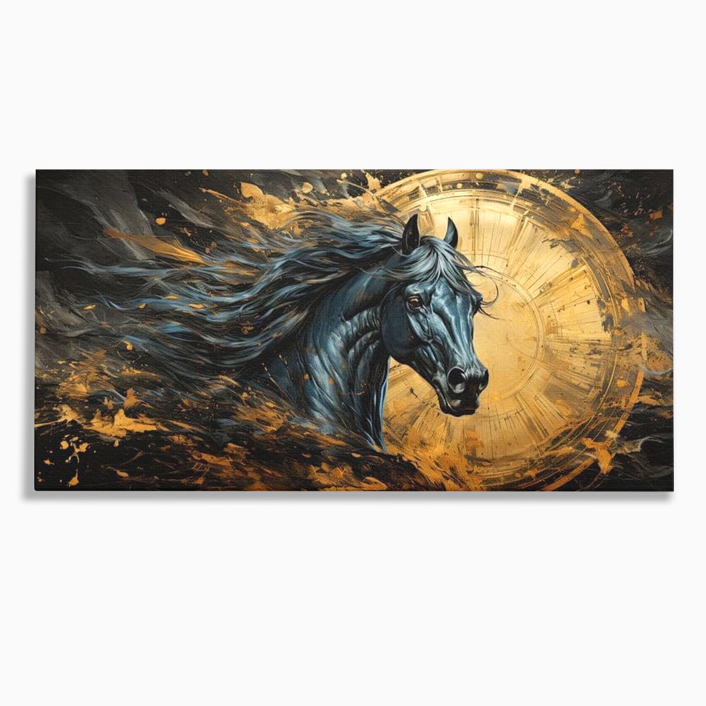 Leinwand Wandkunst Leinwand Premium, LuxCanva® M1338, Im Wirbel der Zeit, Zeit, Finsternis, Gold, Dynamisch, Abstrakte Kunst, Pferd, Mythisch, Mythisch, Griff, Gemälde, Fantastisch, Büro, Wohnen, Kinderzimmer