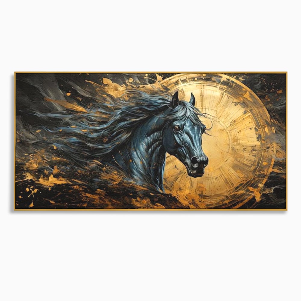 Leinwand Wandkunst Leinwand Premium, LuxCanva® M1338, Im Wirbel der Zeit, Zeit, Finsternis, Gold, Dynamisch, Abstrakte Kunst, Pferd, Mythisch, Mythisch, Griff, Gemälde, Fantastisch, Büro, Wohnen, Kinderzimmer