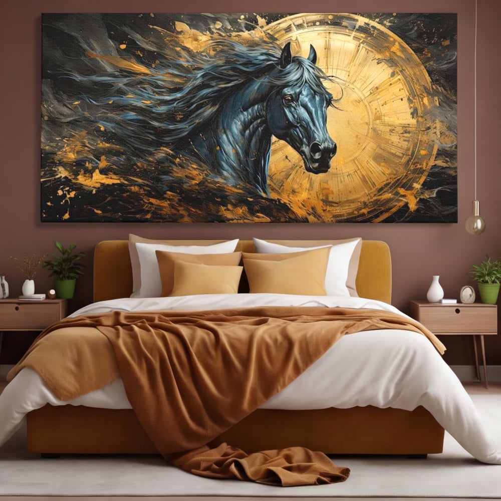 Leinwand Wandkunst Leinwand Premium, LuxCanva® M1338, Im Wirbel der Zeit, Zeit, Finsternis, Gold, Dynamisch, Abstrakte Kunst, Pferd, Mythisch, Mythisch, Griff, Gemälde, Fantastisch, Büro, Wohnen, Kinderzimmer