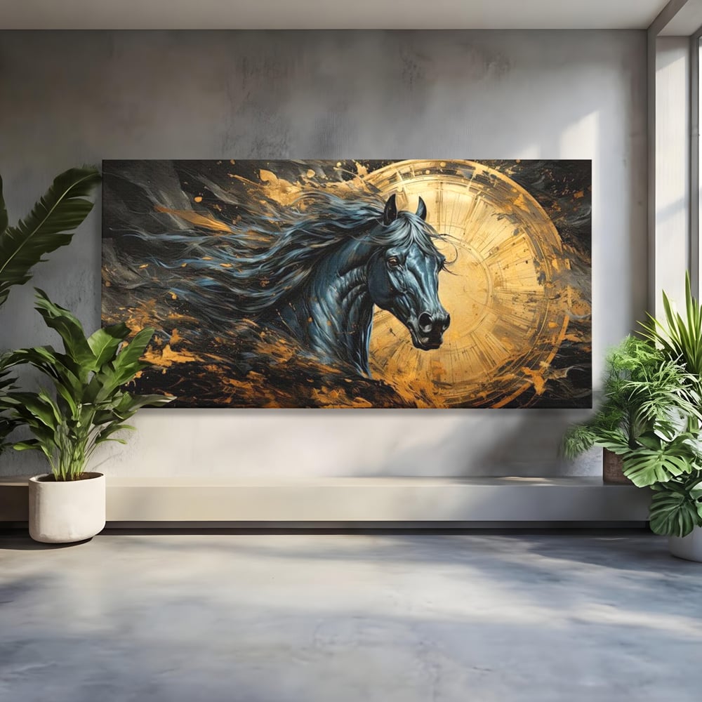 Leinwand Wandkunst Leinwand Premium, LuxCanva® M1338, Im Wirbel der Zeit, Zeit, Finsternis, Gold, Dynamisch, Abstrakte Kunst, Pferd, Mythisch, Mythisch, Griff, Gemälde, Fantastisch, Büro, Wohnen, Kinderzimmer