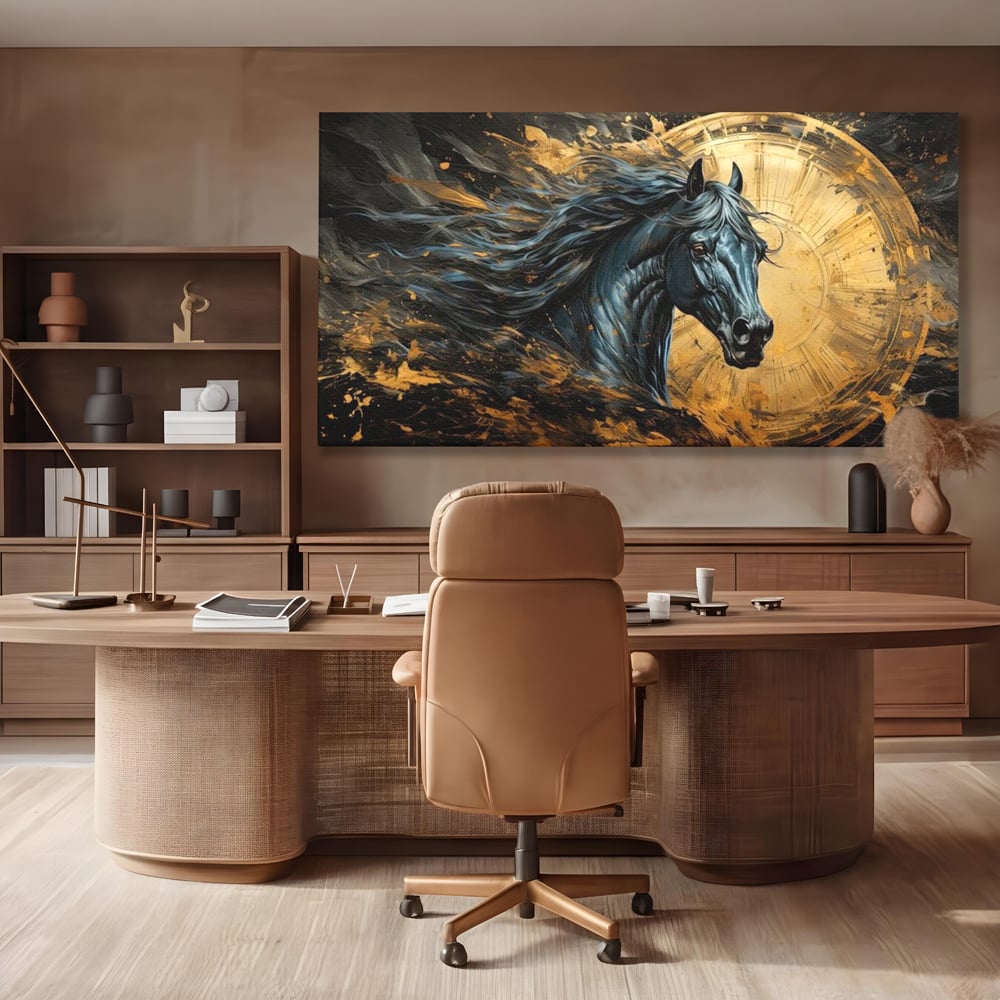 Leinwand Wandkunst Leinwand Premium, LuxCanva® M1338, Im Wirbel der Zeit, Zeit, Finsternis, Gold, Dynamisch, Abstrakte Kunst, Pferd, Mythisch, Mythisch, Griff, Gemälde, Fantastisch, Büro, Wohnen, Kinderzimmer