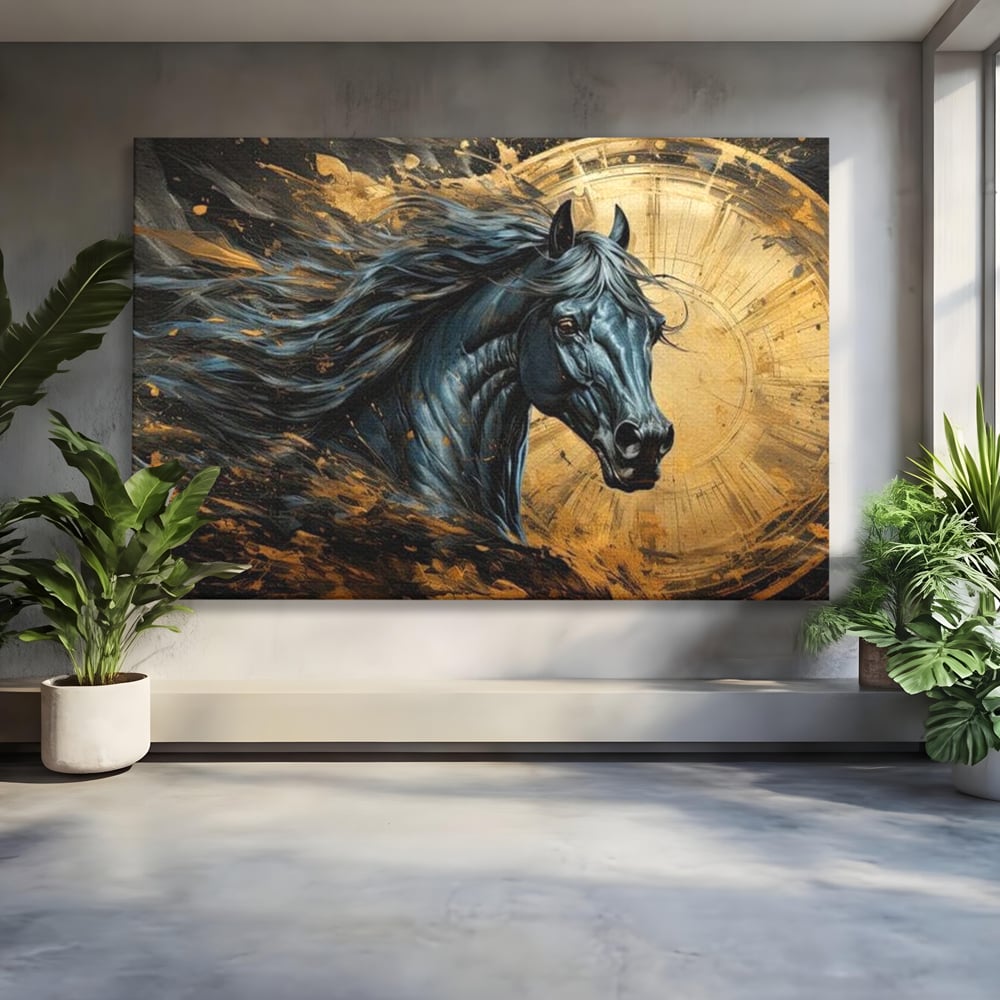 Leinwand Wandkunst Leinwand Premium, LuxCanva® M1338, Im Wirbel der Zeit, Zeit, Finsternis, Gold, Dynamisch, Abstrakte Kunst, Pferd, Mythisch, Mythisch, Griff, Gemälde, Fantastisch, Büro, Wohnen, Kinderzimmer