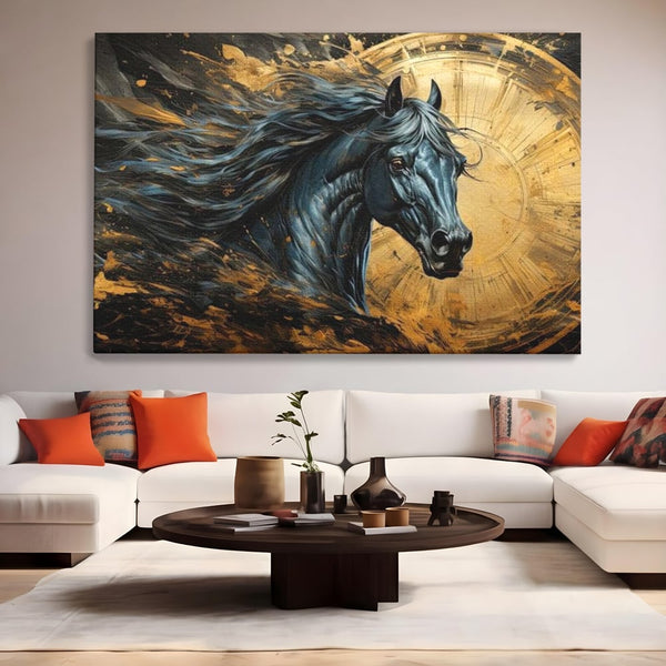 Leinwand Wandkunst Leinwand Premium, LuxCanva® M1338, Im Wirbel der Zeit, Zeit, Finsternis, Gold, Dynamisch, Abstrakte Kunst, Pferd, Mythisch, Mythisch, Griff, Gemälde, Fantastisch, Büro, Wohnen, Kinderzimmer