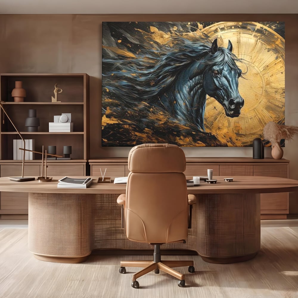 Leinwand Wandkunst Leinwand Premium, LuxCanva® M1338, Im Wirbel der Zeit, Zeit, Finsternis, Gold, Dynamisch, Abstrakte Kunst, Pferd, Mythisch, Mythisch, Griff, Gemälde, Fantastisch, Büro, Wohnen, Kinderzimmer